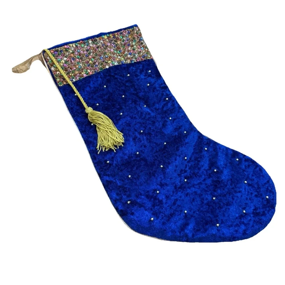 Ethereal Blue Velvet Christmas Stocking with Multicolor Sequins &‎ Gold Tassel